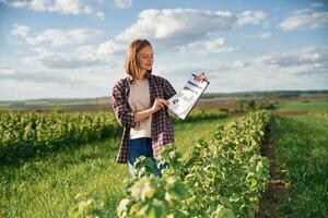 Document with, graphs and plan in hands. Young woman is on the beautiful agricultural field at daytime photo
