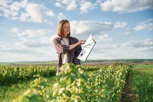 Documen,t with graphs and plan in hands. Young woman is on the beautiful agricultural field at daytime photo