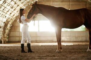 Tranquil ,,scene, standing,. Beautiful young woman is with horse indoors photo