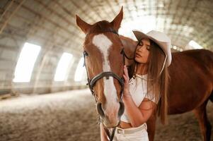 Daylight comes ,through the windows. Beautiful young woman is with horse indoors photo
