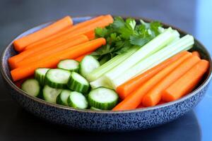 Fresh vegetables carrot celery cucumber and parsley in a bowl photo