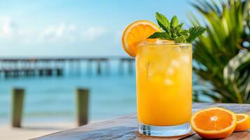 Refreshing orange juice with ice cubes, mint, and orange slice on beach bar table with pier in background photo