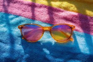 Sunglasses resting on colorful beach towel reflecting summer vibes photo