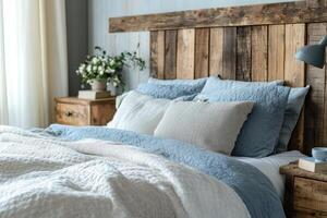 Cozy bedroom interior design featuring rustic wooden headboard and soft linen bedding photo