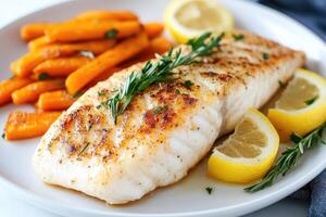 Grilled white fish fillet with roasted carrots and lemon wedges, garnished with rosemary photo