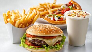 Burger, fries, pizza and milkshake creating unhealthy meal combination photo