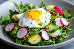 Fried egg resting on fresh arugula salad with cucumber and radish slices photo