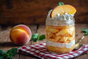 Peach dessert layered with whipped cream and biscuit in a jar on rustic wooden table photo