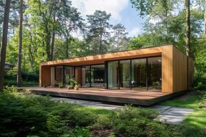 Modern wooden house with large windows in a forest setting photo