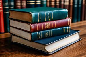 Stack of old books forming a small tower of knowledge in the library photo