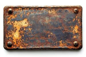 Rusty metal plate showing corrosion and rivets on white background photo