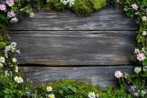 Wildflowers and moss creating a frame on rustic wooden planks photo