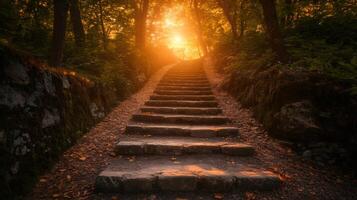 Stone stairway leading through trees towards bright setting sun photo