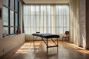 Empty massage table in sunlit room with curtains and hardwood floor photo