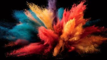 Colorful powder exploding, creating a vibrant plume of colors on a black background photo