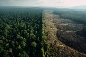 Deforestation advancing into lush rainforest, creating a stark contrast photo