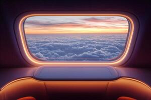 Airplane window showing sunset over clouds during flight photo