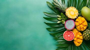 Fresh tropical fruits and palm leaves creating vibrant composition on green background photo