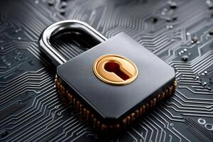 Padlock protecting computer circuit board symbolizing data security photo