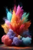 Colorful powder exploding creating a vibrant cloud of colors against a black background photo