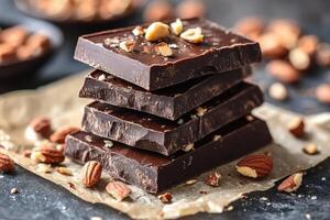 Stack of dark chocolate chunks with almonds and hazelnuts on dark background photo