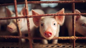 Piglet looking through metal cage in pig farm photo