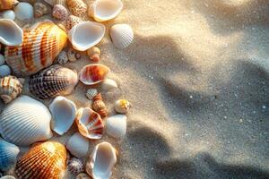 Seashells arranged on sand creating summer beach background with copy space photo
