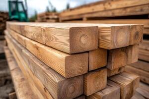 Stack of square logs forming a geometric pattern in lumber yard photo