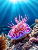 Colorful nudibranch showing its rhinophores and gills in the ocean photo