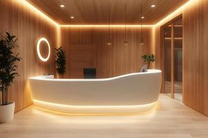 Modern reception desk in luxurious office lobby with warm lighting photo