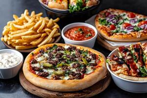 Delicious pizzas with french fries and various sauces creating a feast for the senses photo
