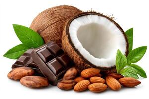 Coconut, chocolate bar, cocoa beans, and almonds creating a tempting arrangement photo