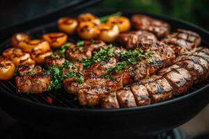 Chef grilling meat and vegetables on a barbecue for summer party photo