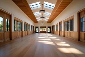 Empty hallway with wooden floor and skylights illuminating the room photo