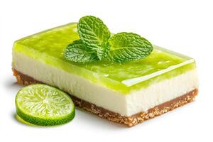 Delicious key lime pie cheesecake dessert with fresh mint and lime slice photo
