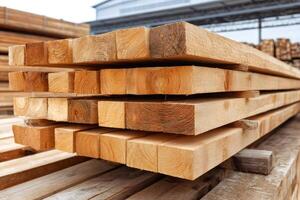 Stack of square logs forming a geometrical pattern in lumber yard photo