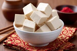 Bowl of diced tofu cubes with chopsticks and red spice on wooden table photo