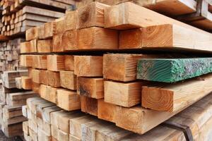 Stack of square logs creating a wooden background in a lumberyard photo