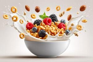 Cereal rings, berries and nuts splashing into milk bowl photo
