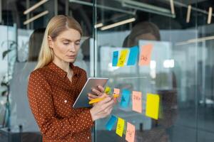 A focused woman uses a tablet and pen to analyze project data on sticky notes displayed on a glass wall in a modern office setting photo