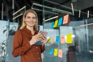A smiling woman with a digital tablet stands in front of a glass wall covered in colorful sticky notes in a modern office setting. photo