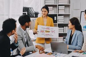 A group of business people are sitting around a table with a whiteboard photo