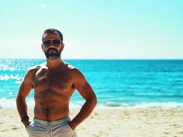 Man enjoying a sunny day at the beach by the ocean waves photo