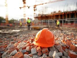 Construction workers in safety gear are seen working at a site surrounded by rubble, cranes, and equipment as the sun sets in the background, highlighting an active development phase photo
