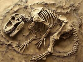 Fossilized skeleton of a large dinosaur displayed in a museum photo