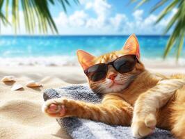 Cat relaxing on the beach with sunglasses under palm trees photo