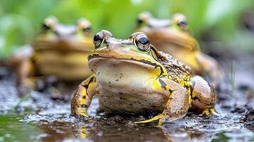 Close-Up View of Frogs Relaxing in Natural Wetland Habitat photo