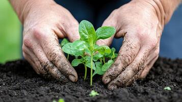 Hands Planting Fresh Spinach Seedlings in Rich Dark Soil photo
