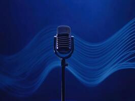 Vintage microphone with sound waves in a blue background photo