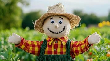 Cheerful Scarecrow in Colorful Shirt with Green Fields Background photo